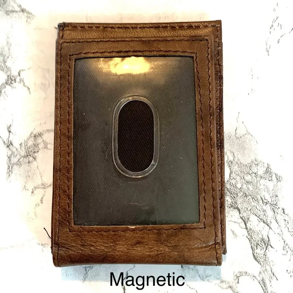 Magnetic Close Men’s Slim Wallet Genuine Leather RFID Brown Front Pocket